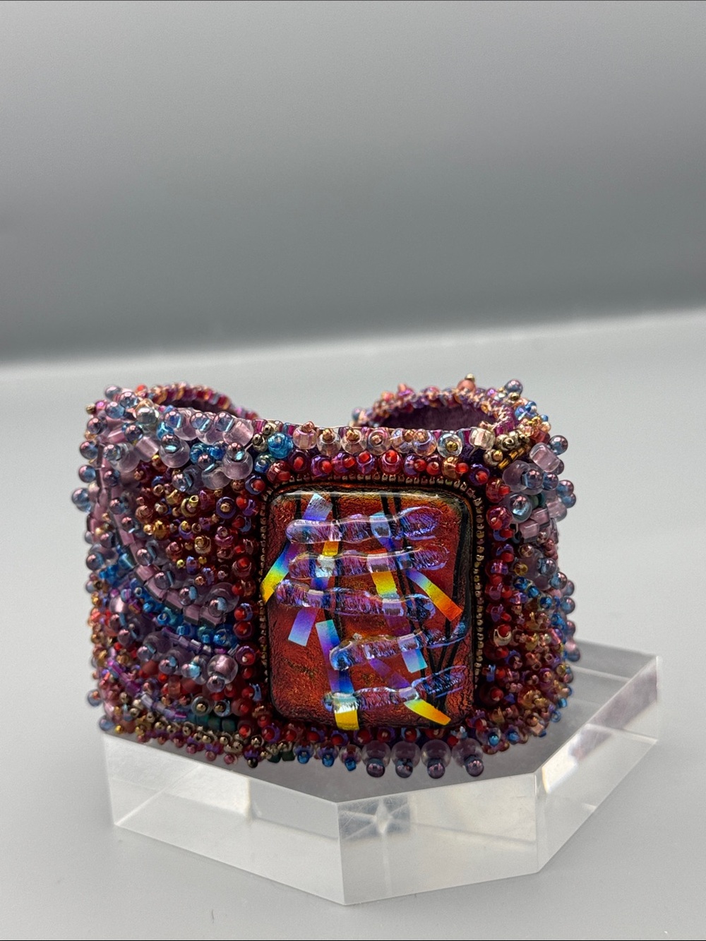 Handcrafted Pink Multicolor Beaded Bracelet with Focal Glass Accent